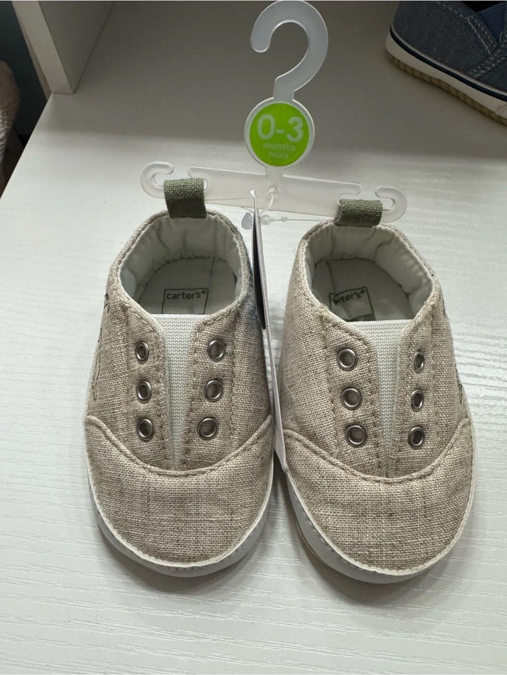 Carter's Beige Linen-Look Baby Slip-On Shoes with Green Dino Stitching